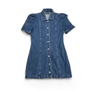 Blank NYC blue denim dress with button-up front and puffed sleevesSize: M